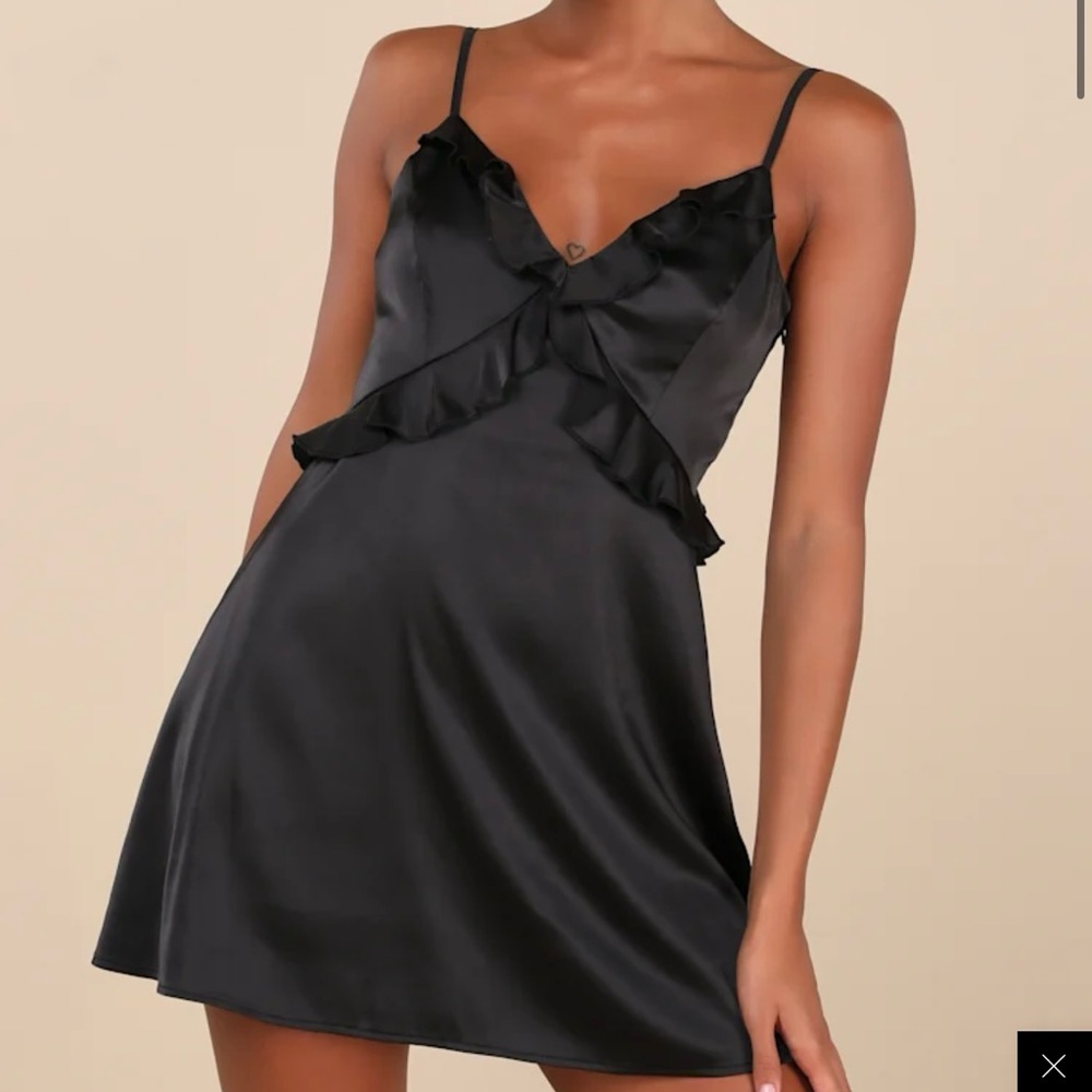 Lulu's Black Satin Ruffle Mini Dress